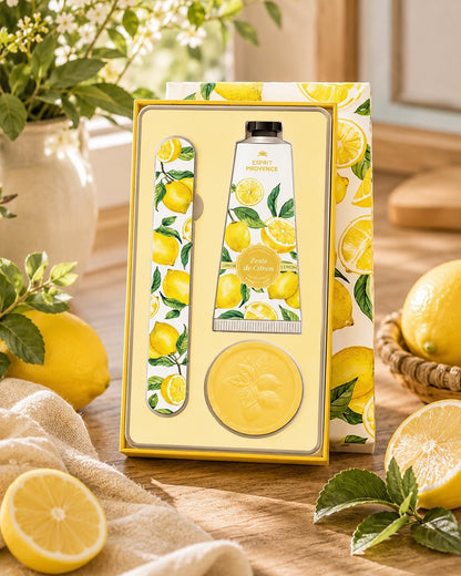 Coffret soins des mains, au parfum de Zeste de Citron, signé Esprit Provence. Il réunit un savon, une lime à ongles et une crème dans un jolie coffret entouré par son ambiance olfactive.