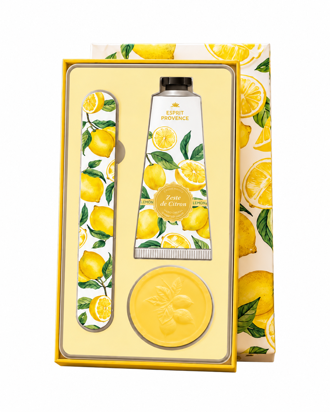 Coffret soins des mains, au parfum de Zeste de Citron, signé Esprit Provence. Il réunit un savon, une lime à ongles et une crème dans un jolie coffret.