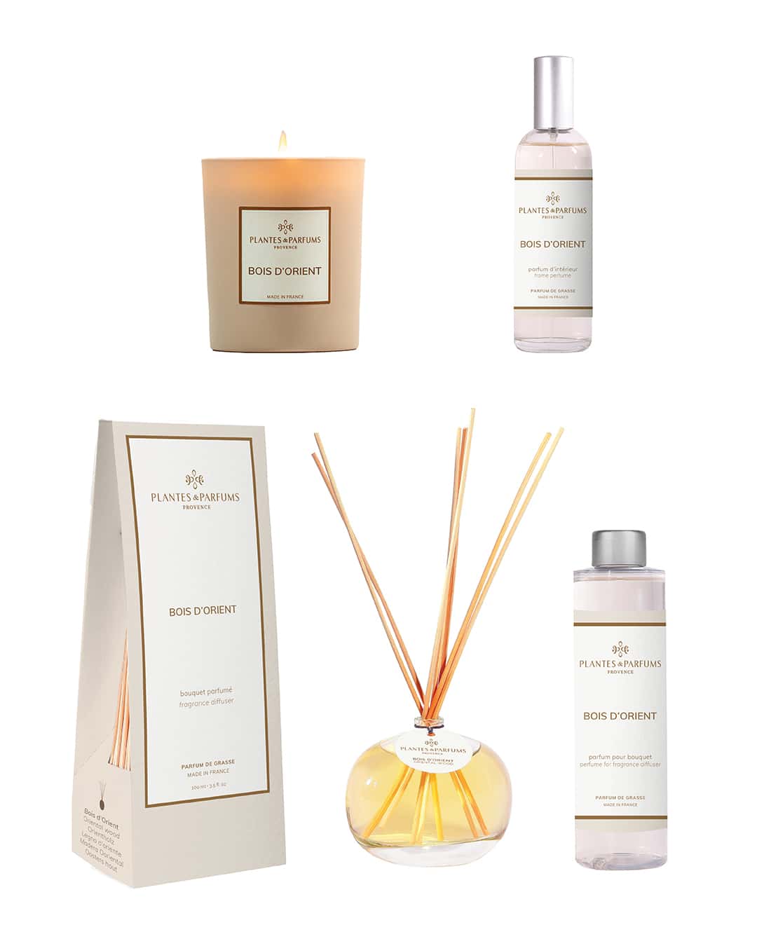 Collection complète Bois d’Orient de Plantes & Parfums. Bougie, parfum d'intérieur, bouquet parfumé et sa recharge.