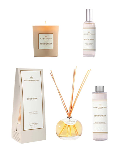 Collection complète Bois d’Orient de Plantes & Parfums. Bougie, parfum d'intérieur, bouquet parfumé et sa recharge.