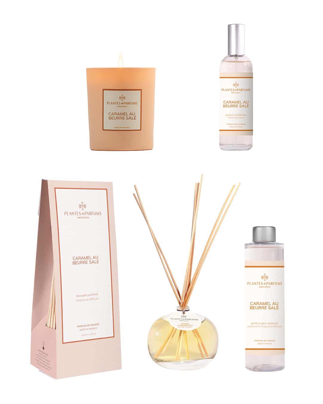 Collection complète Caramel beurre salé de Plantes & Parfums. Bougie, parfum d'intérieur, bouquet parfumé et sa recharge.