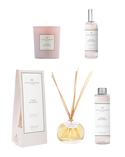 Collection complète Fleur de coton de Plantes & Parfums. Bougie, parfum d'intérieur, bouquet parfumé et sa recharge.