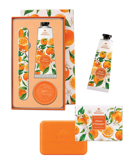 Collection complète Fleurs d'Oranger, signé Esprit Provence. Le coffret, la savon et la crème pour les mains à l'huile d'amande douce.