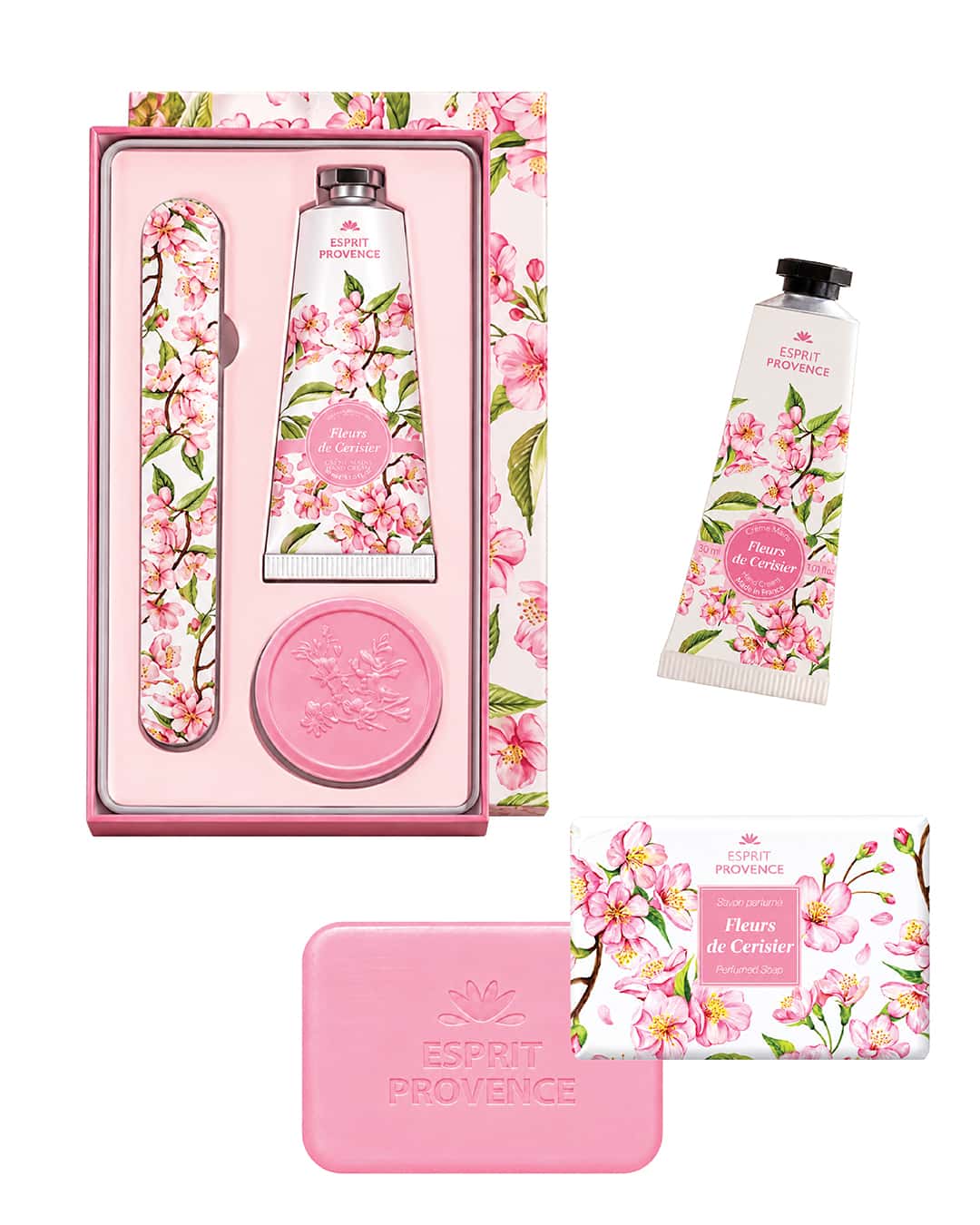 Collection complète Fleurs de Cerisier, signé Esprit Provence. Le coffret, la savon et la crème pour les mains à l'huile d'amande douce.