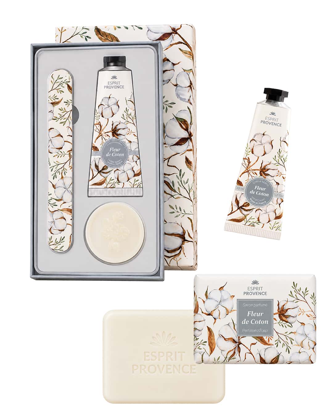 Collection complète Fleurs de Coton, signé Esprit Provence. Le coffret, la savon et la crème pour les mains à l'huile d'amande douce.