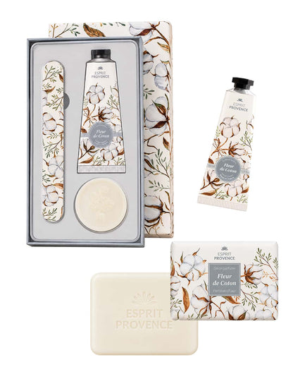 Collection complète Fleurs de Coton, signé Esprit Provence. Le coffret, la savon et la crème pour les mains à l'huile d'amande douce.