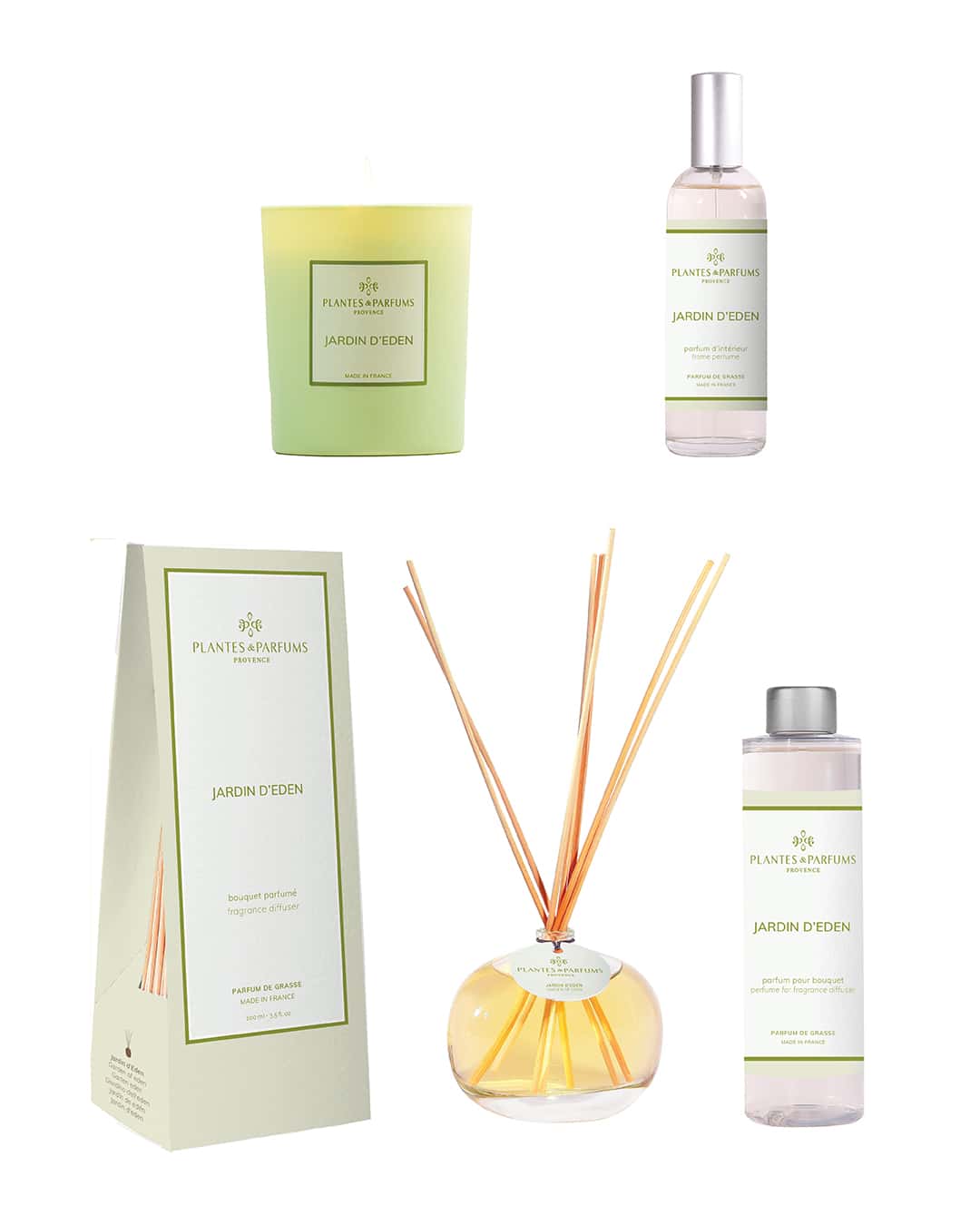 Collection complète Jardin d’Éden de Plantes & Parfums. Bougie, parfum d'intérieur, bouquet parfumé et sa recharge.
