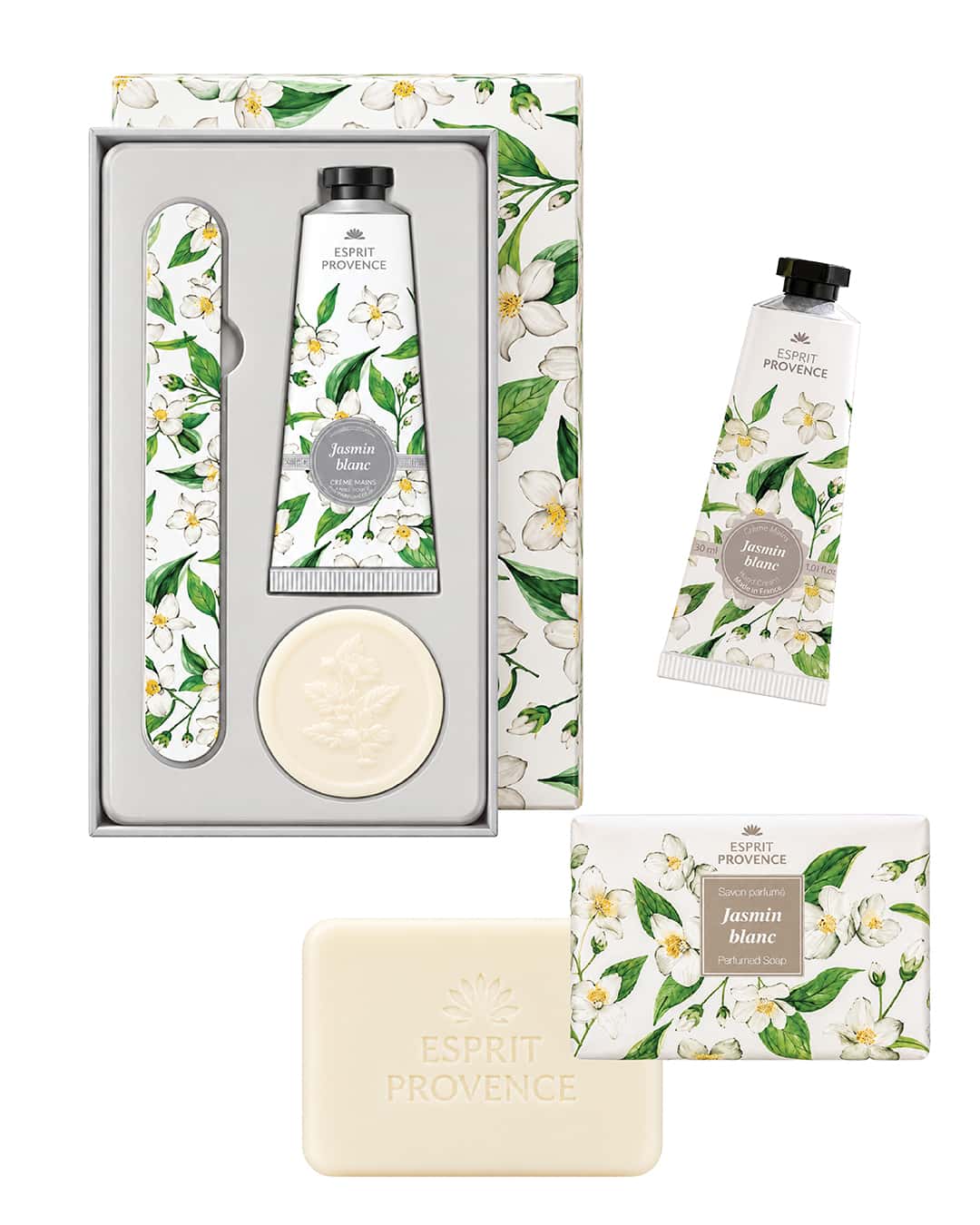 Collection complète Jasmin Blanc, signé Esprit Provence. Le coffret, la savon et la crème pour les mains à l'huile d'amande douce.