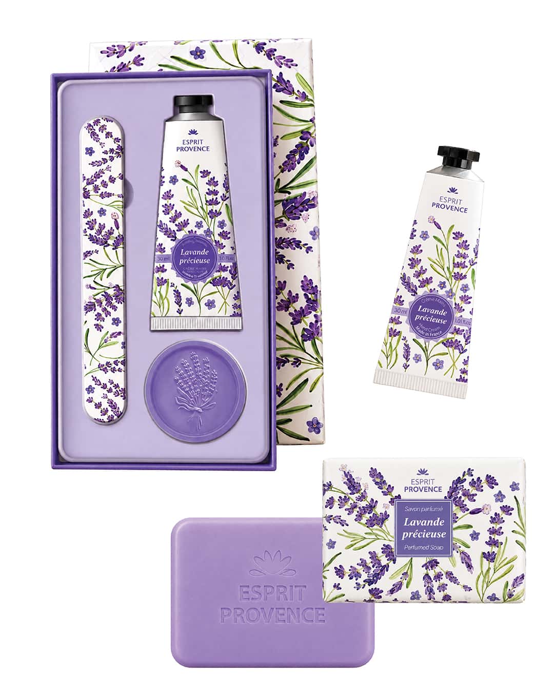 Collection complète Lavande Précieuse, signé Esprit Provence. Le coffret, la savon et la crème pour les mains à l'huile d'amande douce.