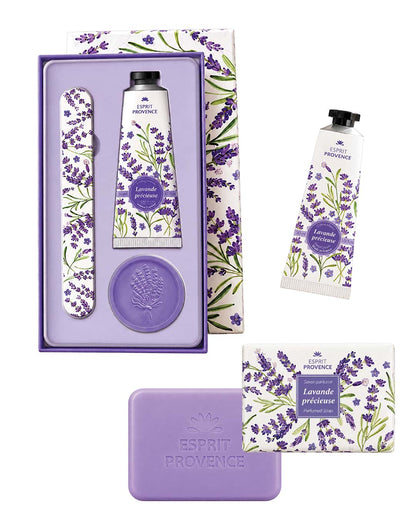 Collection complète Lavande Précieuse, signé Esprit Provence. Le coffret, la savon et la crème pour les mains à l'huile d'amande douce.