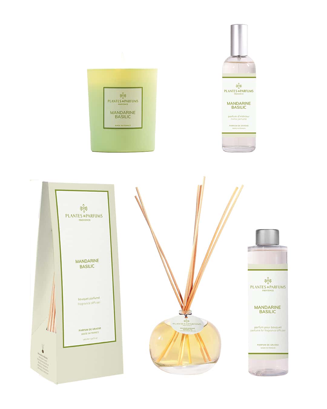 Collection complète Mandarine Basilic de Plantes & Parfums. Bougie, parfum d'intérieur, bouquet parfumé et sa recharge.