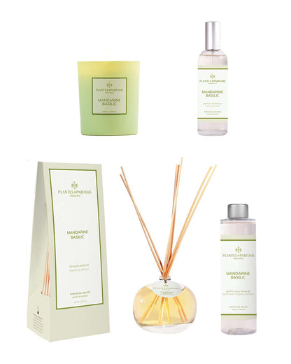 Collection complète Mandarine Basilic de Plantes & Parfums. Bougie, parfum d'intérieur, bouquet parfumé et sa recharge.
