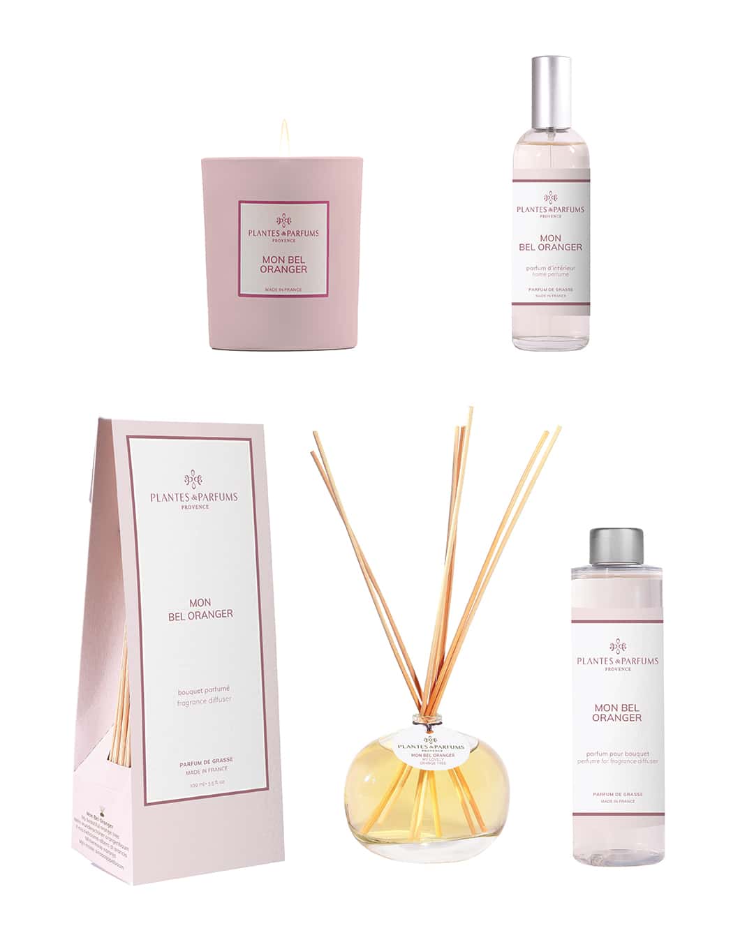 Collection complète Mon bel oranger de Plantes & Parfums. Bougie, parfum d'intérieur, bouquet parfumé et sa recharge.