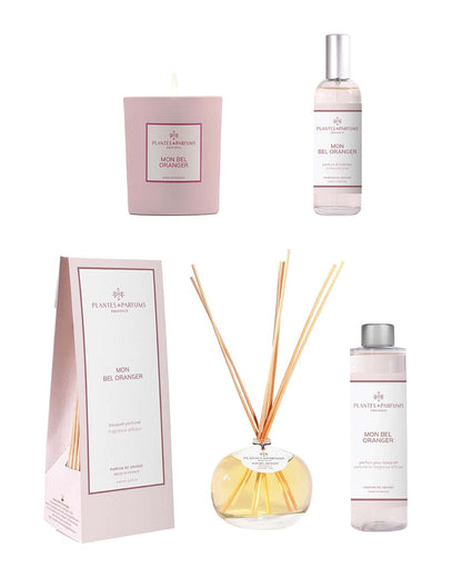 Collection complète Mon bel oranger de Plantes & Parfums. Bougie, parfum d'intérieur, bouquet parfumé et sa recharge.