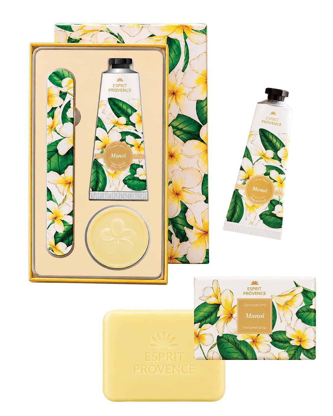 Collection complète Monoï, signé Esprit Provence. Le coffret, la savon et la crème pour les mains à l'huile d'amande douce.
