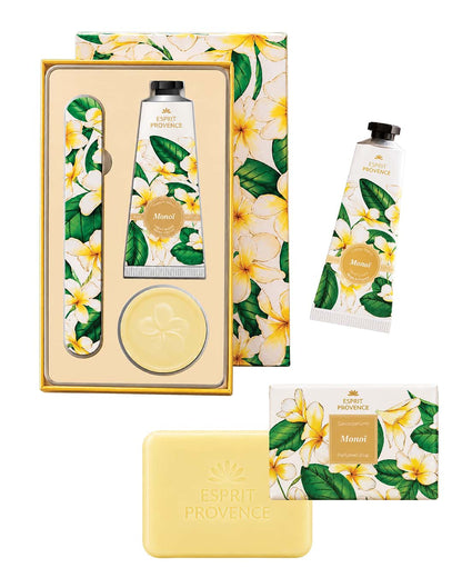 Collection complète Monoï, signé Esprit Provence. Le coffret, la savon et la crème pour les mains à l'huile d'amande douce.