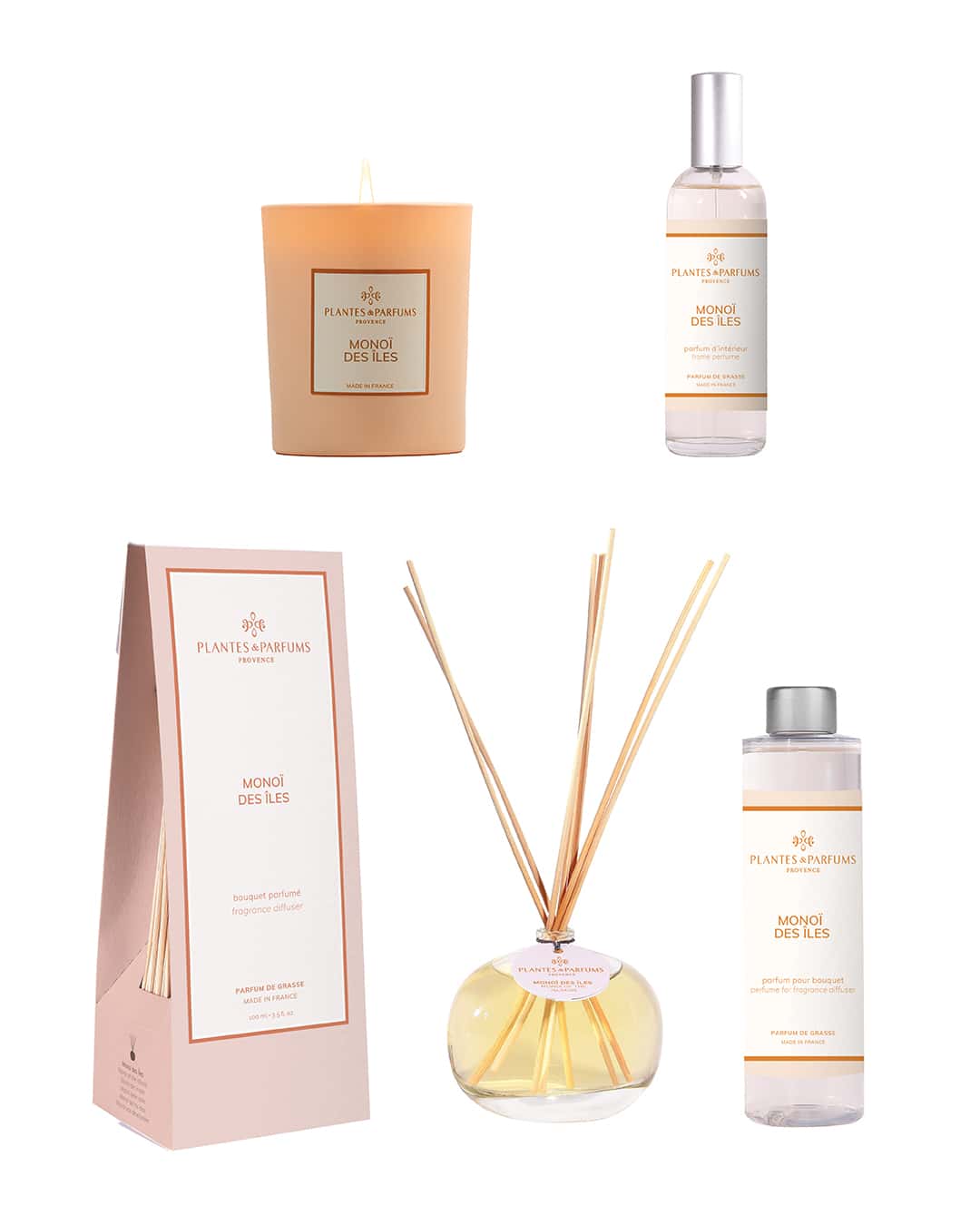 Collection complète Monoï des îles de Plantes & Parfums. Bougie, parfum d'intérieur, bouquet parfumé et sa recharge.
