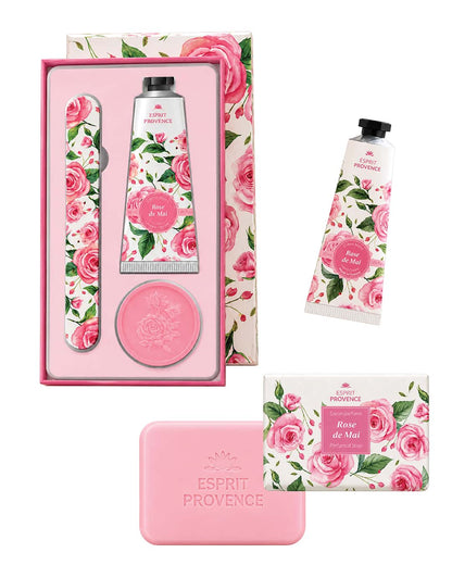 Collection complète Rose de Mai, signé Esprit Provence. Le coffret, la savon et la crème pour les mains à l'huile d'amande douce.