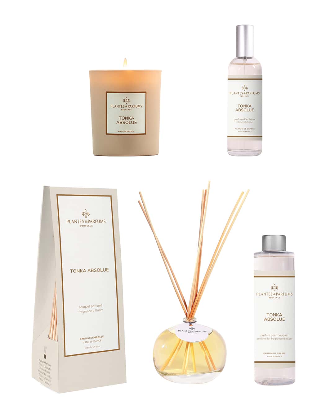 Collection complète Tonka absolue de Plantes & Parfums. Bougie, parfum d'intérieur, bouquet parfumé et sa recharge.