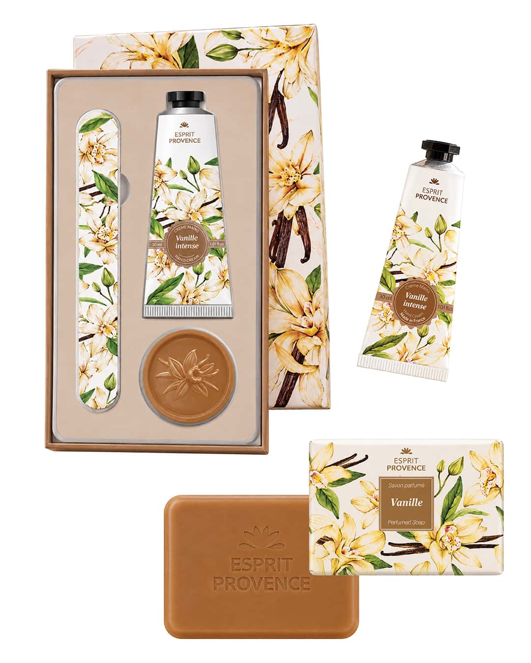 Collection complète Vanille Intense, signé Esprit Provence. Le coffret, la savon et la crème pour les mains à l'huile d'amande douce.