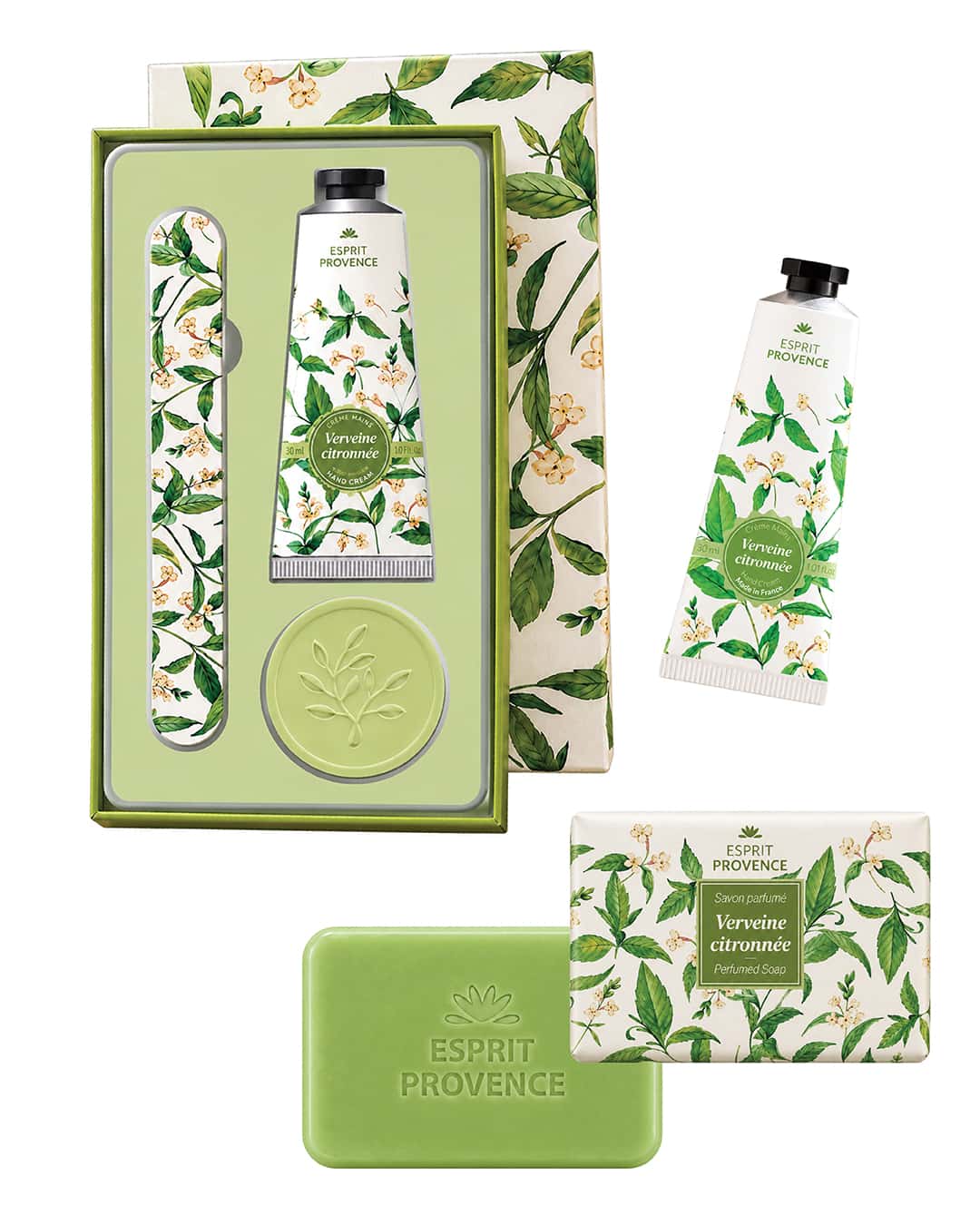 Collection complète Verveine citronnée, signé Esprit Provence. Le coffret, la savon et la crème pour les mains à l'huile d'amande douce.