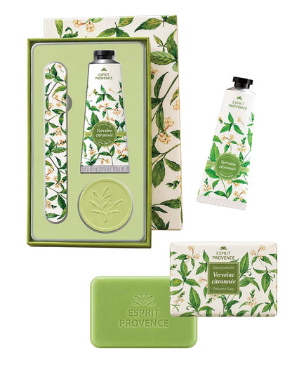 Collection complète Verveine citronnée, signé Esprit Provence. Le coffret, la savon et la crème pour les mains à l'huile d'amande douce.