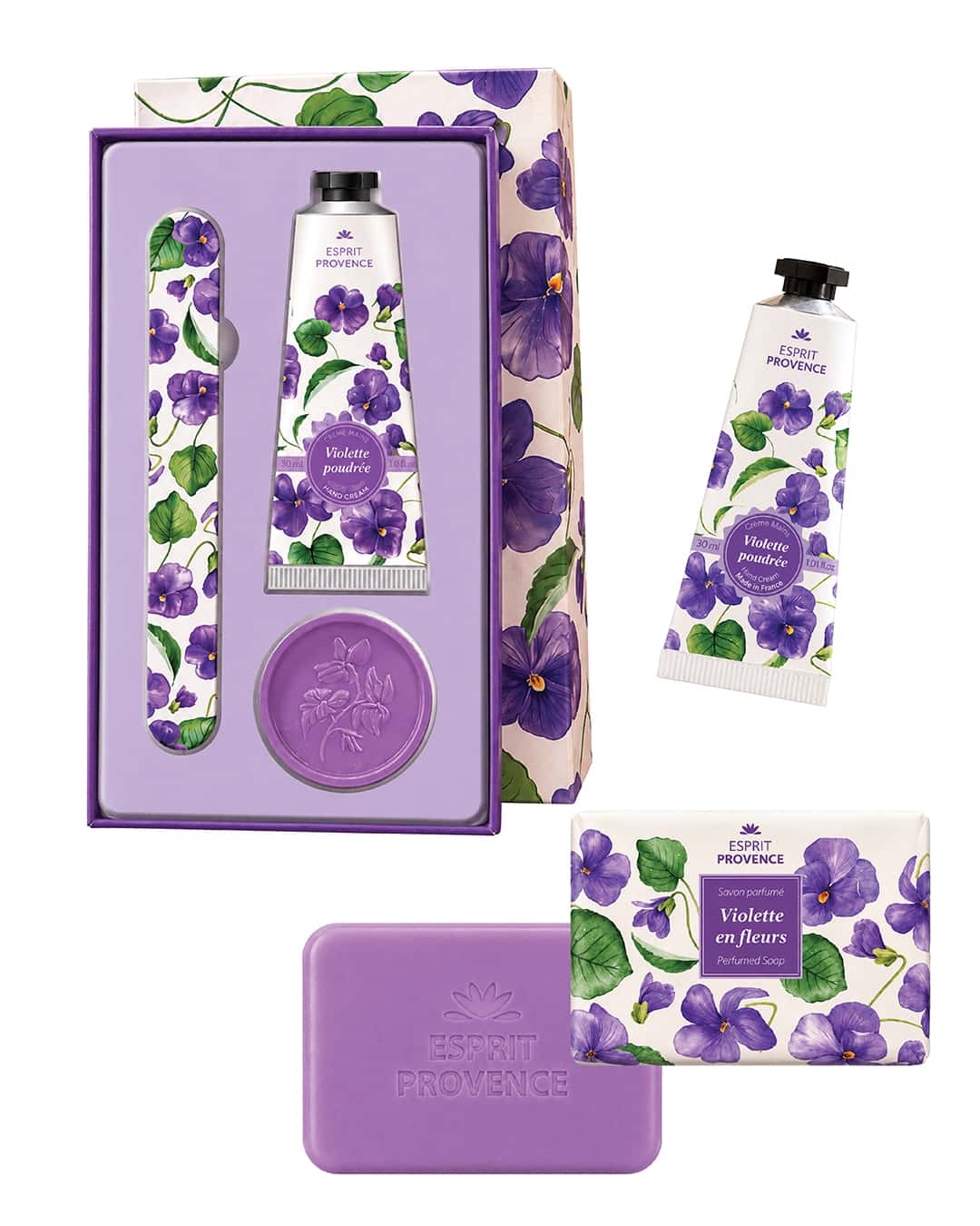 Collection complète Violette en fleurs, signé Esprit Provence. Le coffret, la savon et la crème pour les mains à l'huile d'amande douce.