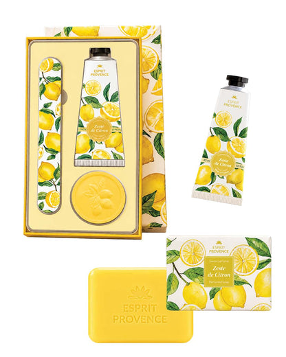 Collection complète Zeste de Citron, signé Esprit Provence. Le coffret, la savon et la crème pour les mains à l'huile d'amande douce.
