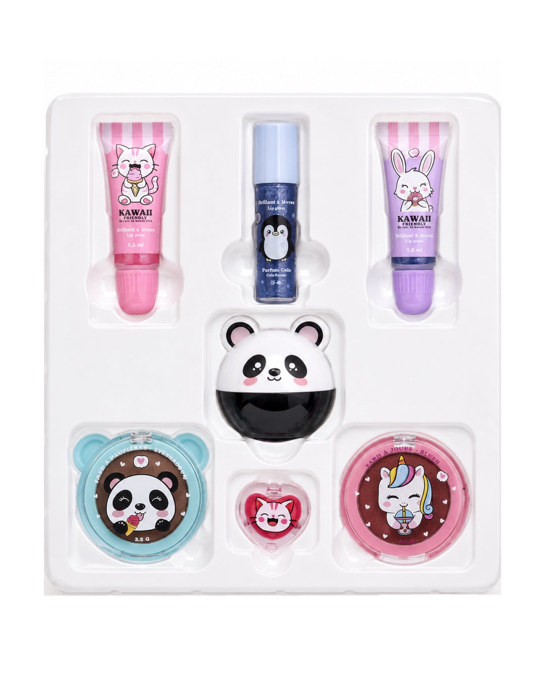 Les 7 produits de beauté pour enfant inclus dans le kit : gloss parfumés, baumes à lèvres panda et fards à paupières présentés dans leur étui protecteur.