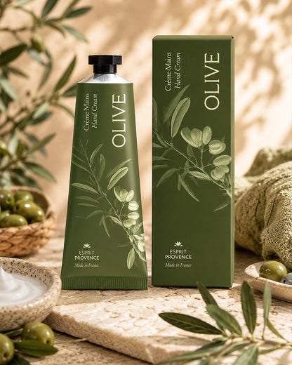 Crème mains aux Fleurs d’Olivier 75 ml et sa boîte. Signé Esprit Provence. Dans son ambiance olfactive.