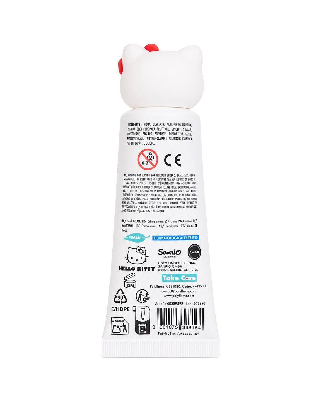 Vue arrière du tube blanc de crème pour les mains, affichant la liste des ingrédients, le code-barres, le logo officiel Sanrio et les mentions végan et testé dermatologiquement.