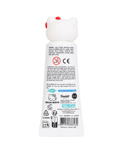 Vue arrière du tube blanc de crème pour les mains, affichant la liste des ingrédients, le code-barres, le logo officiel Sanrio et les mentions végan et testé dermatologiquement.