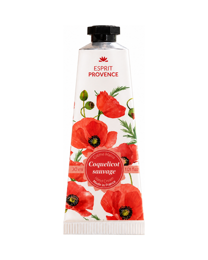 Crème mains à l'huile d’Amande douce de Provence 30 ml, au parfum de Coquelicot sauvage, signé Esprit Provence. Enrichi en beurre de karité, en allantoïne et en jus d’aloe vera BIO.