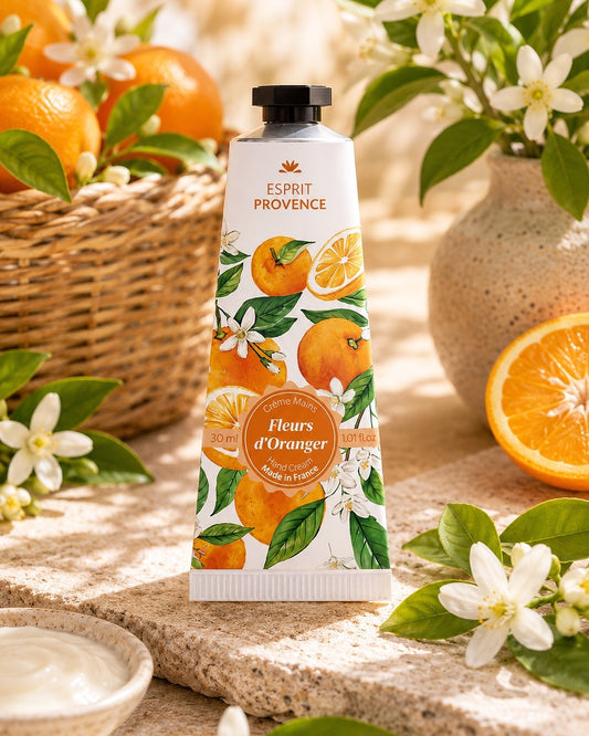 Crème mains à l'huile d’Amande douce de Provence 30 ml, au parfum de Fleurs d'Oranger, signé Esprit Provence. Enrichi en beurre de karité, en allantoïne et en jus d’aloe vera BIO. Dans son ambiance olfactive.
