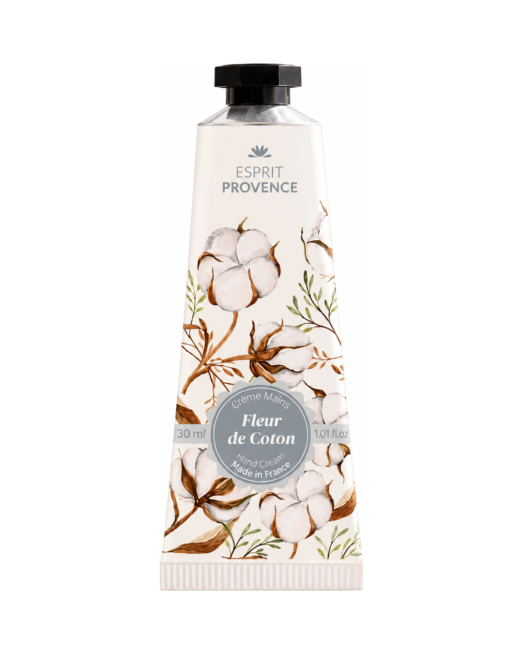 Crème mains à l'huile d’Amande douce de Provence 30 ml, au parfum de Fleurs de Coton, signé Esprit Provence. Enrichi en beurre de karité, en allantoïne et en jus d’aloe vera BIO.