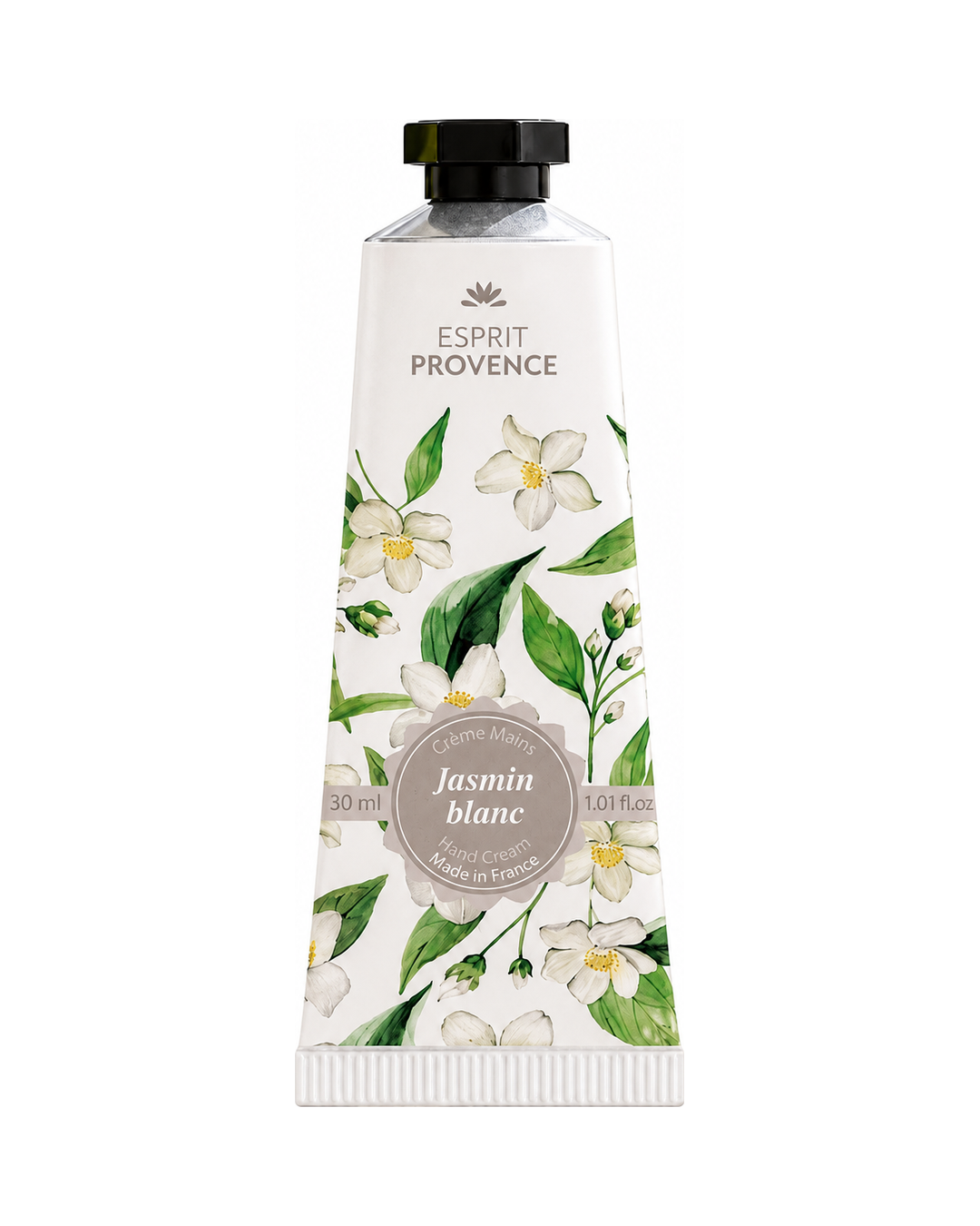 Crème mains à l'huile d’Amande douce de Provence 30 ml, au parfum de Jasmin Blanc, signé Esprit Provence. Enrichi en beurre de karité, en allantoïne et en jus d’aloe vera BIO.