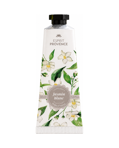 Crème mains à l'huile d’Amande douce de Provence 30 ml, au parfum de Jasmin Blanc, signé Esprit Provence. Enrichi en beurre de karité, en allantoïne et en jus d’aloe vera BIO.