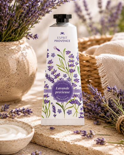Crème mains à l'huile d’Amande douce de Provence 30 ml, au parfum de Lavande Précieuse, signé Esprit Provence. Enrichi en beurre de karité, en allantoïne et en jus d’aloe vera BIO. Dans son ambiance olfactive.
