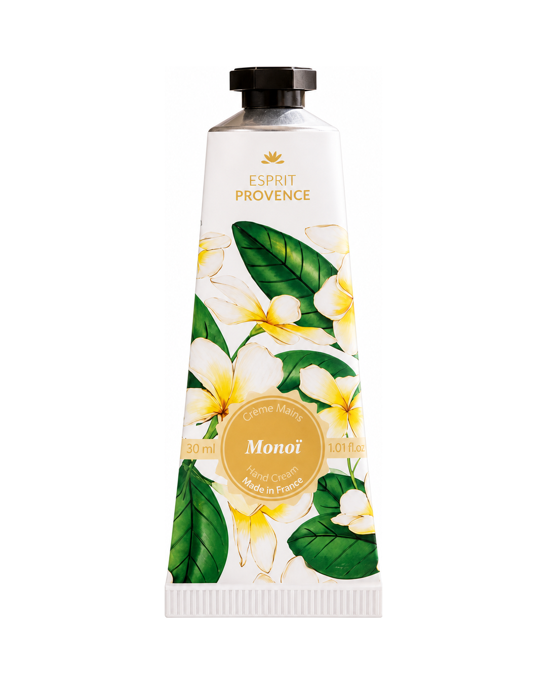 Crème mains à l'huile d’Amande douce de Provence 30 ml, au parfum de Monoï, signé Esprit Provence. Enrichi en beurre de karité, en allantoïne et en jus d’aloe vera BIO.