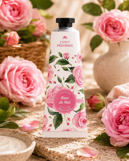 Crème mains à l'huile d’Amande douce de Provence 30 ml, au parfum de Rose de Mai, signé Esprit Provence. Enrichi en beurre de karité, en allantoïne et en jus d’aloe vera BIO. Dans son ambiance olfactive.