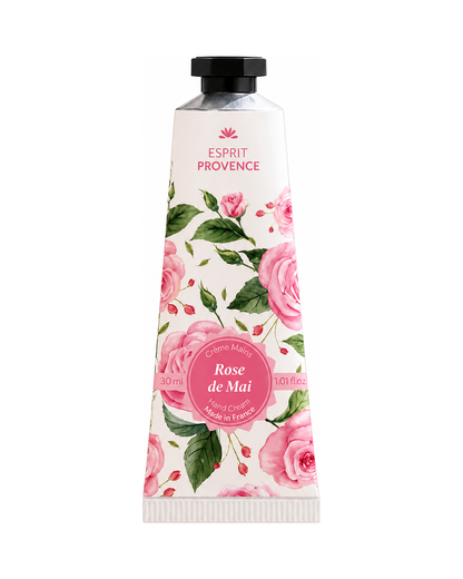 Crème mains à l'huile d’Amande douce de Provence 30 ml, au parfum de Rose de Mai, signé Esprit Provence. Enrichi en beurre de karité, en allantoïne et en jus d’aloe vera BIO.