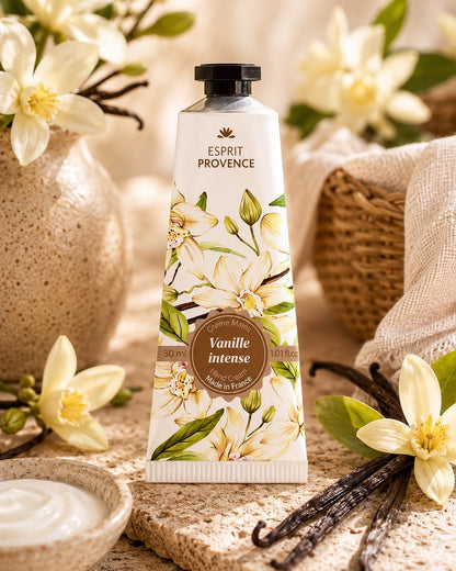 Crème mains à l'huile d’Amande douce de Provence 30 ml, au parfum de Vanille Intense, signé Esprit Provence. Enrichi en beurre de karité, en allantoïne et en jus d’aloe vera BIO. Dans son ambiance olfactive.