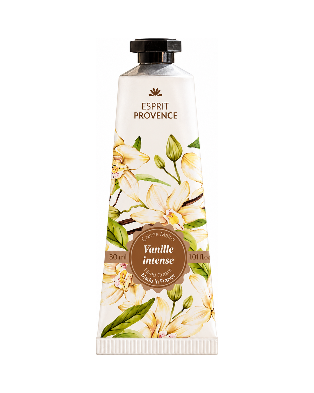 Crème mains à l'huile d’Amande douce de Provence 30 ml, au parfum de Vanille Intense, signé Esprit Provence. Enrichi en beurre de karité, en allantoïne et en jus d’aloe vera BIO.