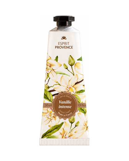 Crème mains à l'huile d’Amande douce de Provence 30 ml, au parfum de Vanille Intense, signé Esprit Provence. Enrichi en beurre de karité, en allantoïne et en jus d’aloe vera BIO.