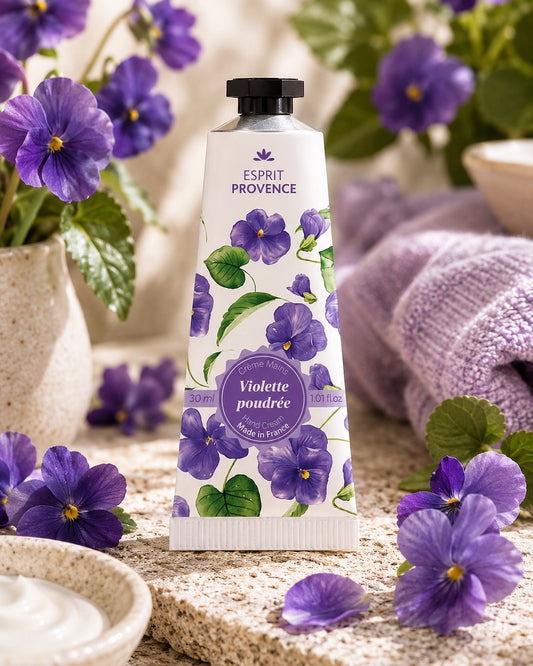 Crème mains à l'huile d’Amande douce de Provence 30 ml, au parfum de Violette en fleurs, signé Esprit Provence. Enrichi en beurre de karité, en allantoïne et en jus d’aloe vera BIO. Dans son ambiance olfactive.
