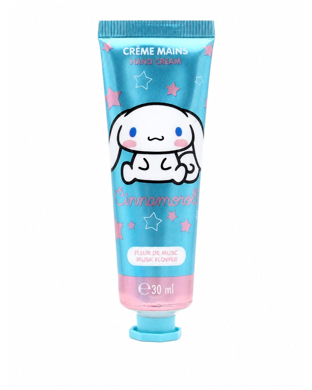 Tube de crème pour les mains de 30 ml bleu métallique et rose avec une illustration du personnage Cinnamoroll de Sanrio et des étoiles.
