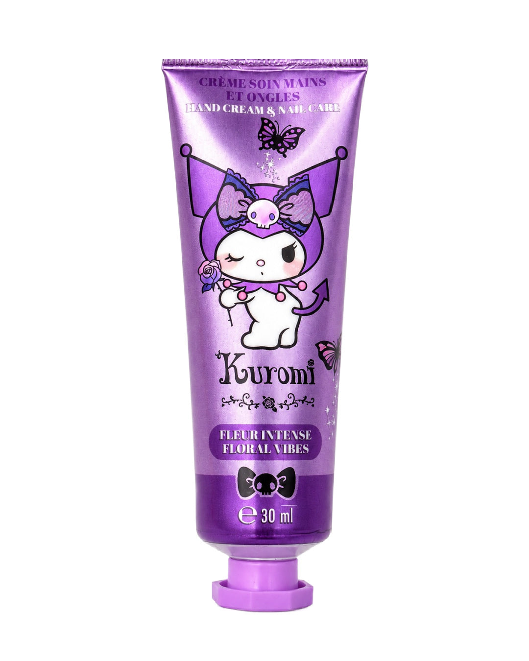 Vue de face d'un tube de crème de soin pour les mains et les ongles violet métallisé Kuromi Sanrio au parfum de fleurs intense.
