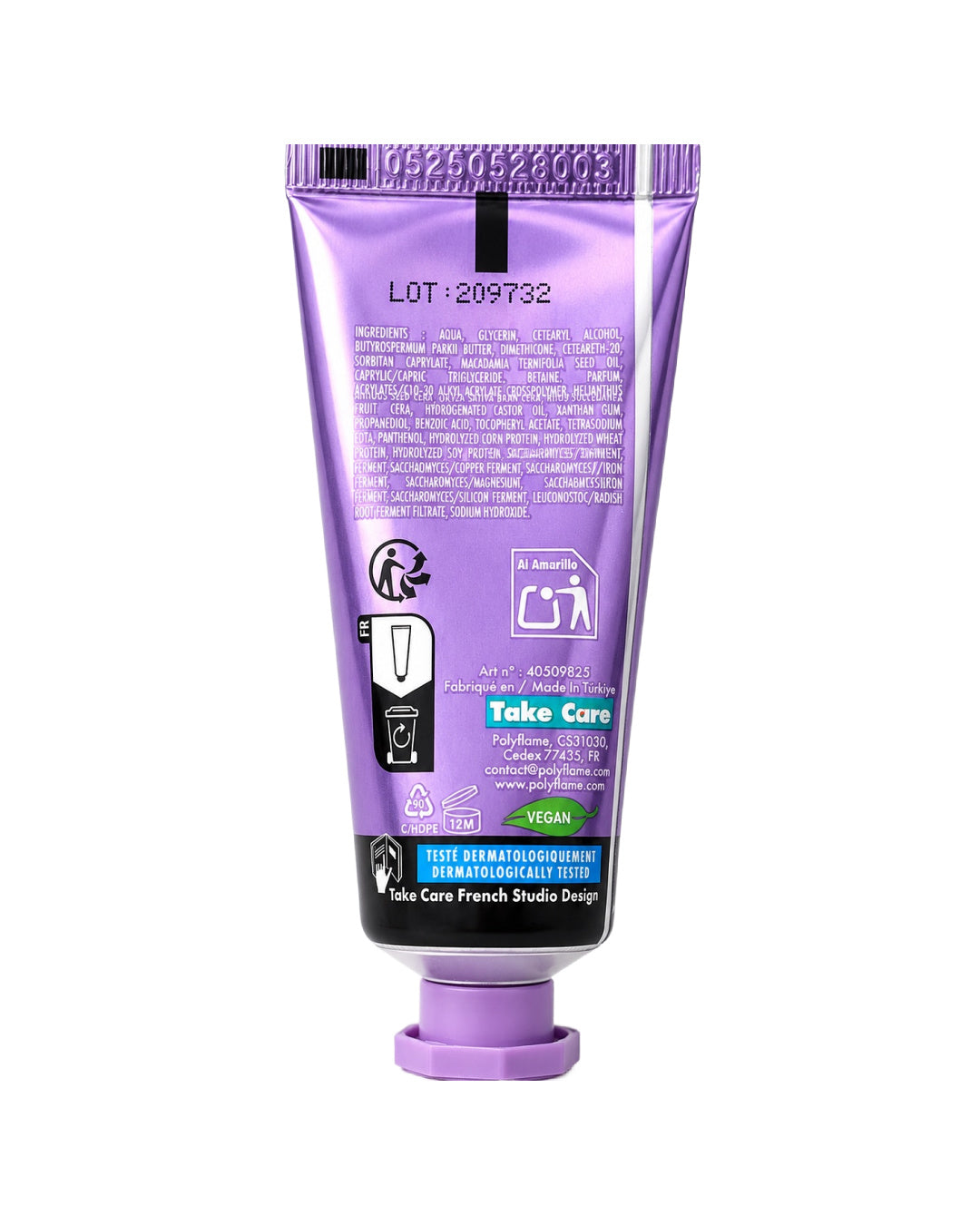 Vue arrière du tube de crème lapin violet présentant le code-barres de sécurité, le logo végane et les conseils d'utilisation.