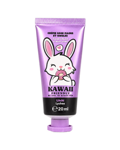 Vue de face du tube de crème violet métallique orné d'un joli lapin tenant un beigne, parfum litchi.