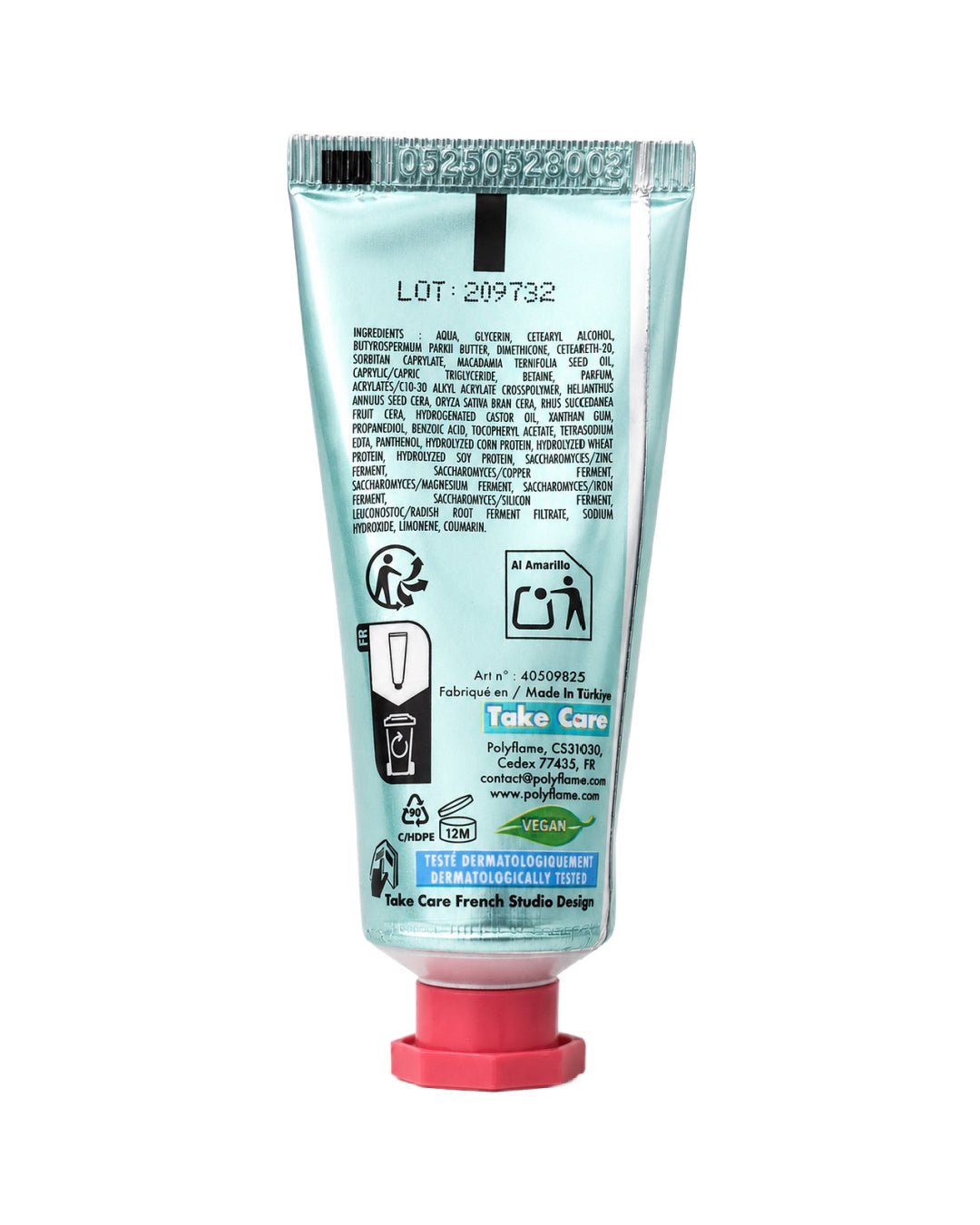 Vue arrière du tube de crème panda turquoise détaillant la formulation végétalienne, le logo de recyclage et les informations du fabricant.